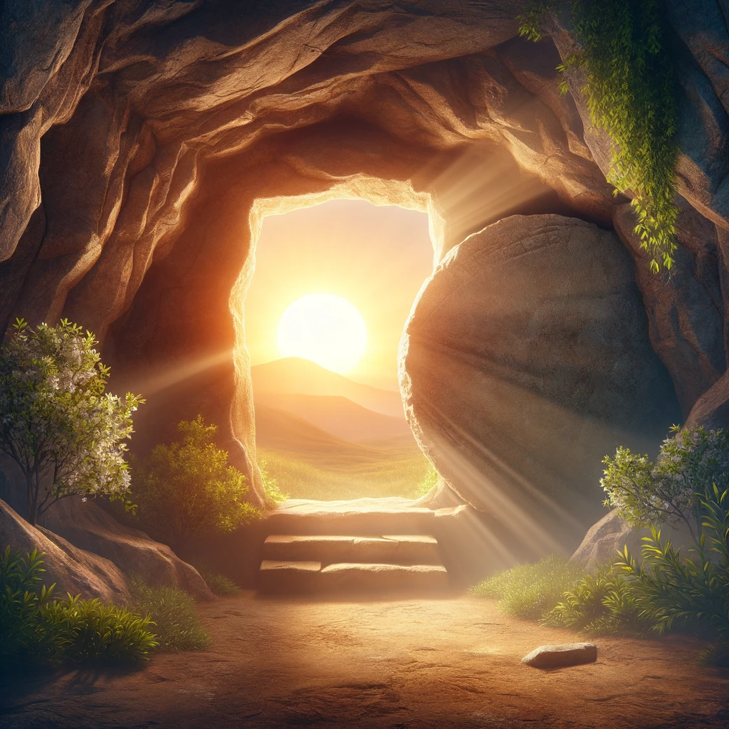 A serene scene of an open, empty tomb at sunrise. The background features a rising sun symbolizing hope and resurrection. The entrance of the tomb is framed by natural rock walls and lush greenery, creating a peaceful and sacred atmosphere. The light of the sunrise gently illuminates the scene, highlighting the significance of the empty tomb.