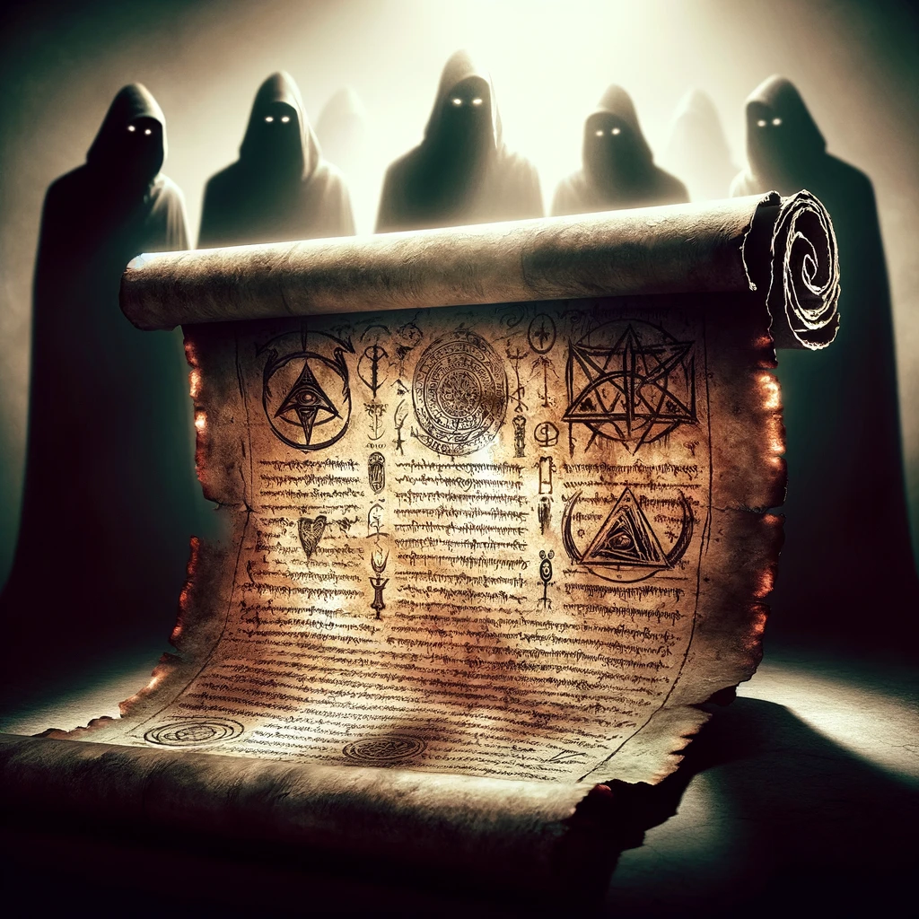 An ancient, weathered scroll unfurling, with vague, shadowy figures in the background, symbolizing false teachers. The scroll is adorned with cryptic symbols and partially obscured text, hinting at distorted truths. The atmosphere is ominous, with a dim, eerie light casting long shadows.