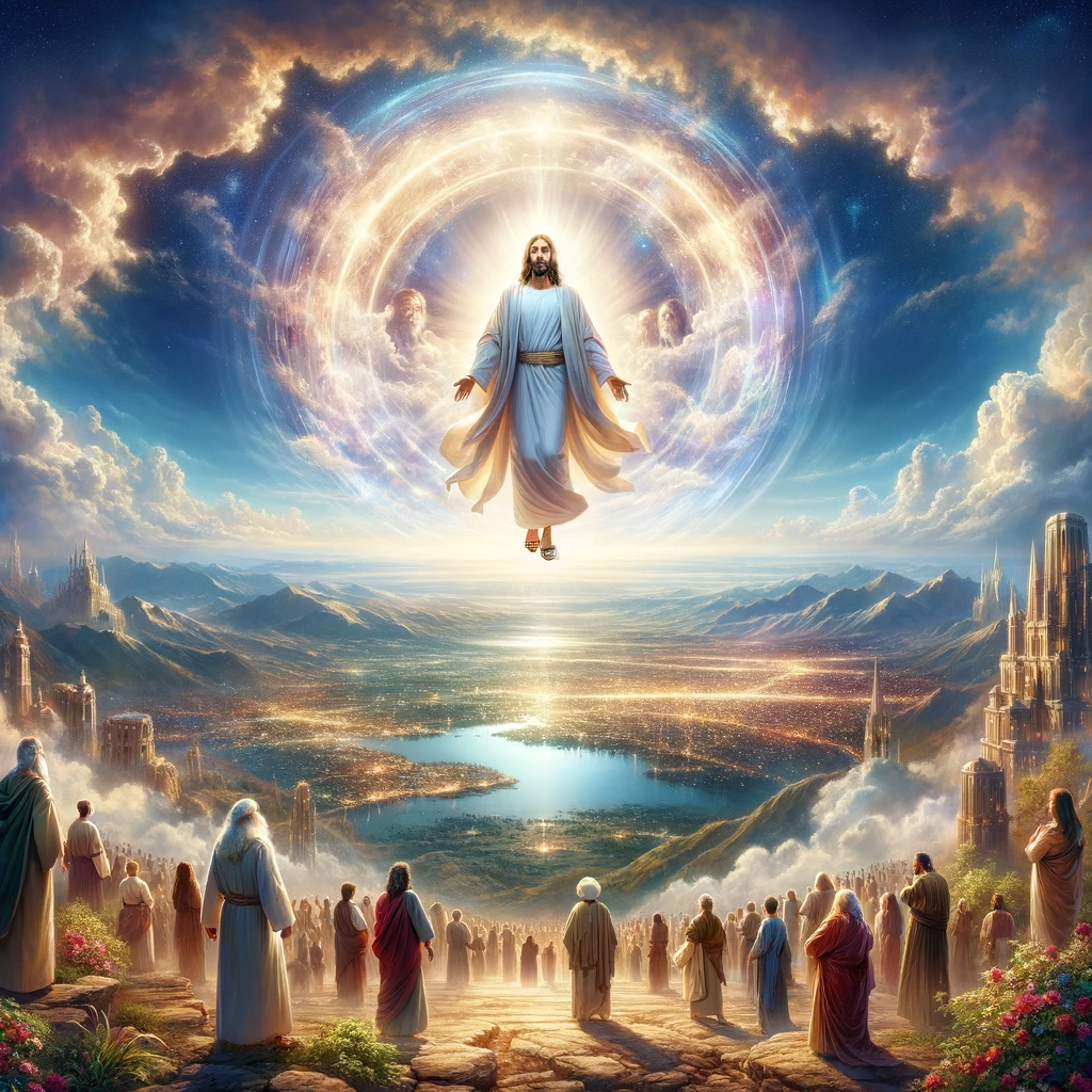 A majestic scene depicting the second coming of Jesus, with a radiant and ethereal Jesus descending from the heavens, surrounded by a halo of divine light. The background features a breathtaking sky filled with vibrant colors, symbolizing hope and renewal. Below, a diverse group of people from various cultures and backgrounds look up in awe and reverence, capturing the global impact of this momentous event. The scene embodies a sense of peace, majesty, and awe-inspiring divinity, reflecting the central belief in Christianity of Jesus' return and the establishment of His kingdom on earth.