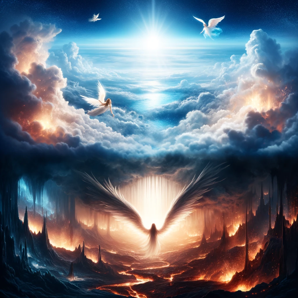 A split image depicting heaven and hell. The top half shows a serene, ethereal landscape representing heaven with soft, glowing clouds, a peaceful blue sky, and radiant beams of sunlight. Angels with delicate, feathered wings are seen floating amongst the clouds. The bottom half illustrates a fiery, ominous landscape of hell, with dark, smoldering terrain, towering flames, and silhouettes of ominous figures lurking in the shadows. The contrast between the two halves is stark, showcasing the dichotomy between peace and turmoil.