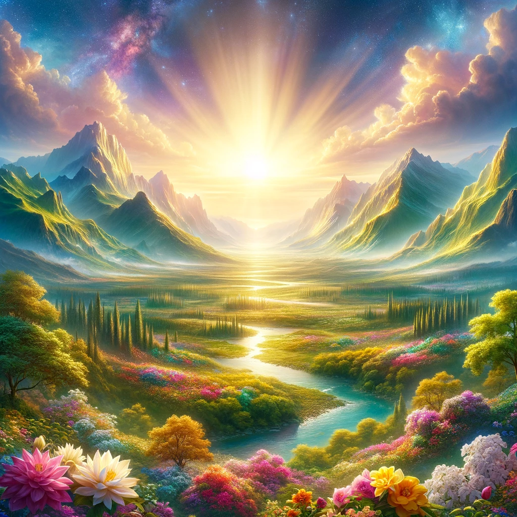 A breathtaking landscape of the new heaven and earth, showcasing a vibrant, radiant sky with soft, golden light permeating through. Below, a lush, verdant valley filled with blooming flowers of every imaginable color stretches out, with a crystal-clear river meandering through it. In the distance, majestic mountains stand tall under the celestial light, symbolizing strength and eternity.