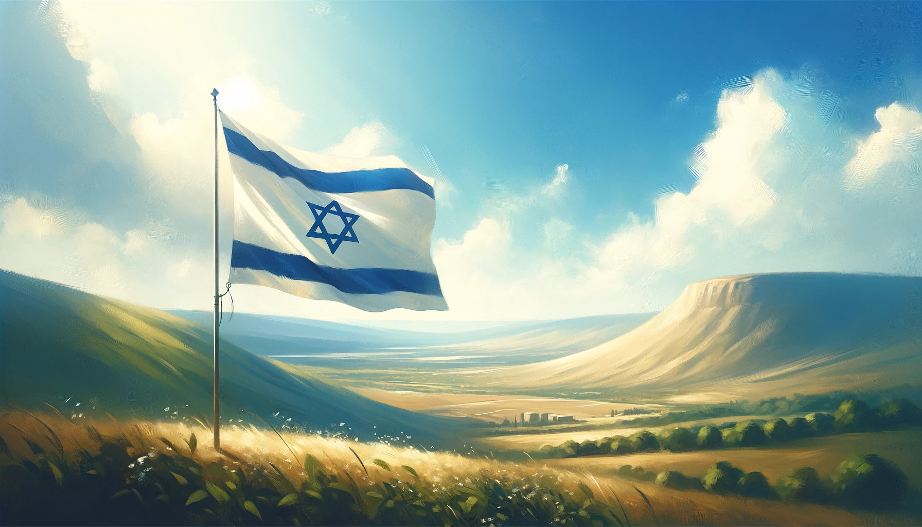 A digital painting of a serene landscape with hills and a clear blue sky. In the foreground, the flag of Israel is gently waving on a flagpole, symbolizing peace and beauty. The scene should be tranquil and harmonious, reflecting a sense of calm and unity.