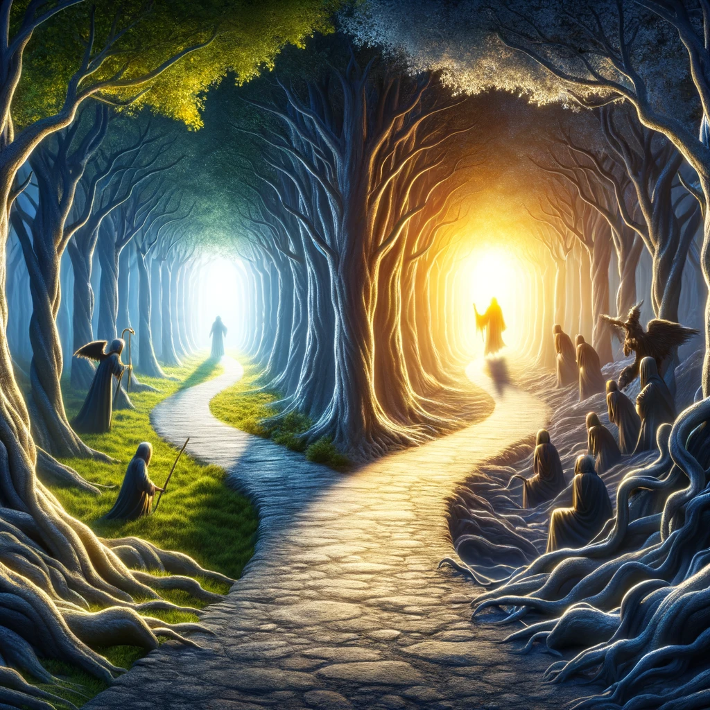 A scene showing a divided path in an ancient, mystical forest, representing the choice between true and false teachings. One path is bright and clear, leading towards a radiant light, symbolizing the true teachings of Jesus Christ. The other path is dark and twisted, with shadowy figures lurking, representing the deceptive allure of false doctrines.