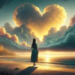 woman waiting for his husband. Love heart in the sky