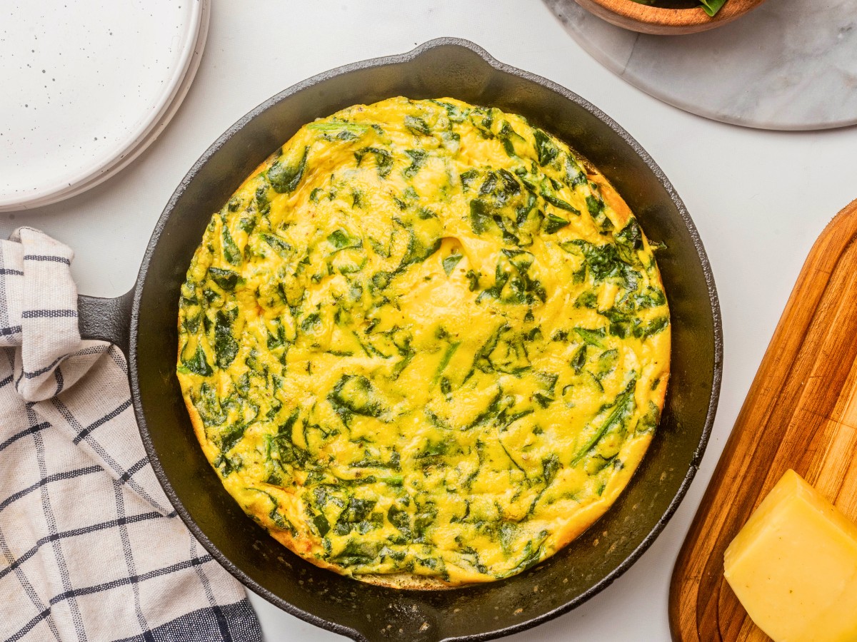 overhead photo shot of keto frittata in a pan.