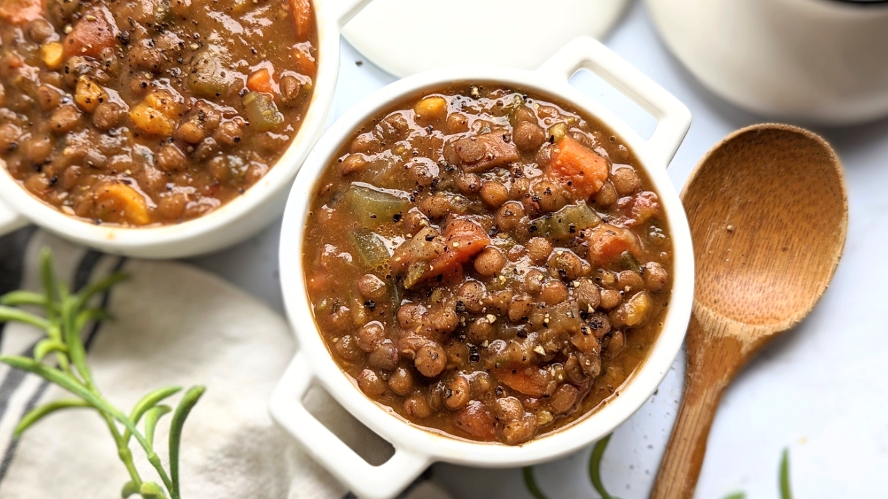 lentil soup low sodium soup recipes healthy soups no salt added lentil recipes vegetarian vegan gluten free soup in a mug with a wooden spoon