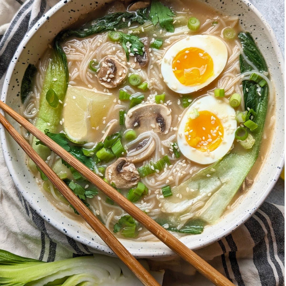 low sodium ramen recipe with a ramen egg green onions boy choy and mushrooms