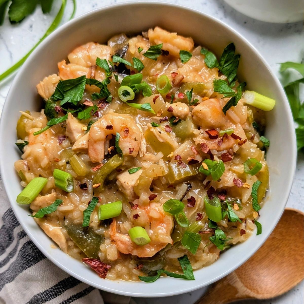 low sodium chicken jambalaya recipe with shrimp and vegetables and peppers.