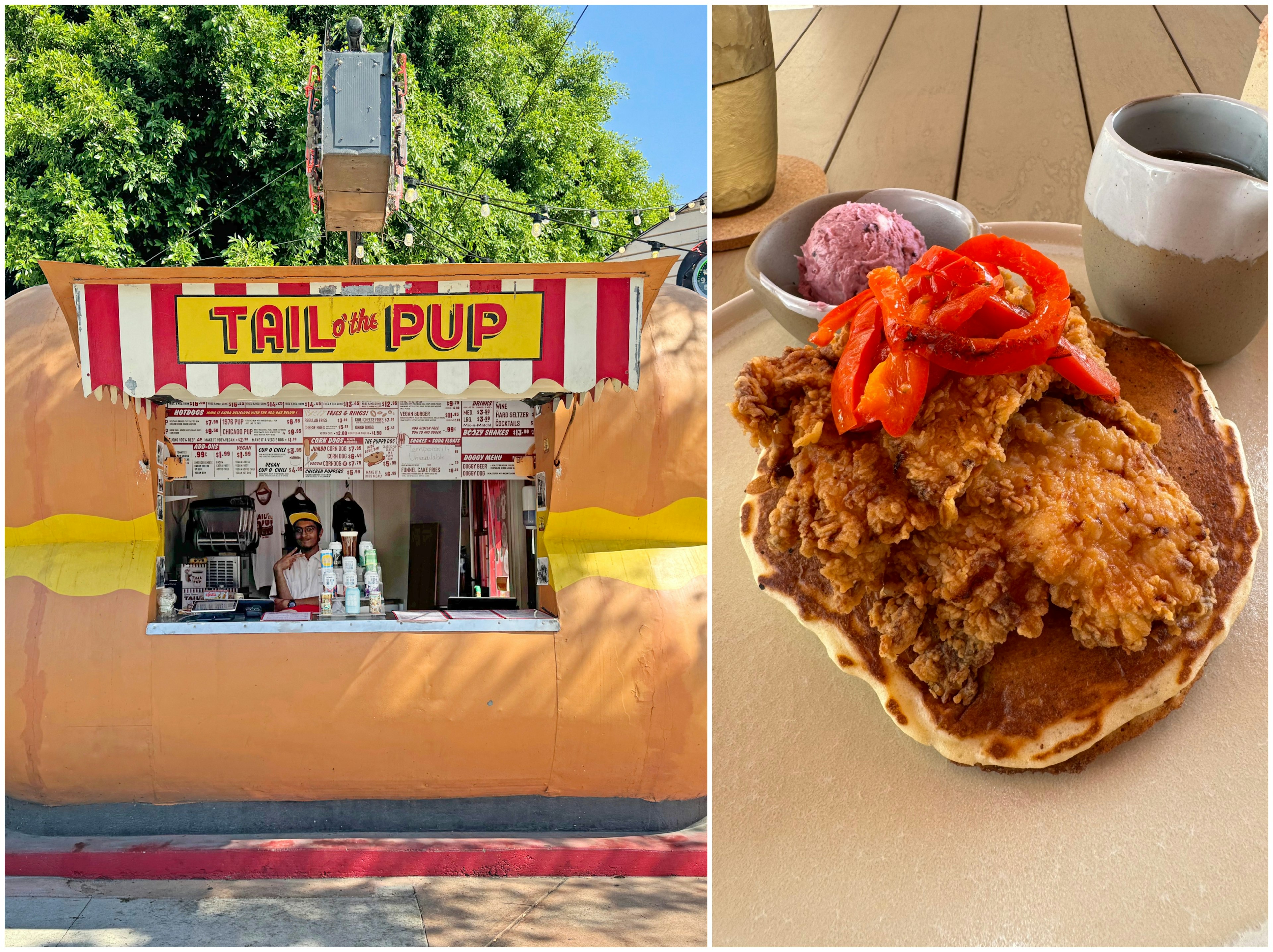 Left, Tail O' the Pup hot dog stand. Right, Marelle.