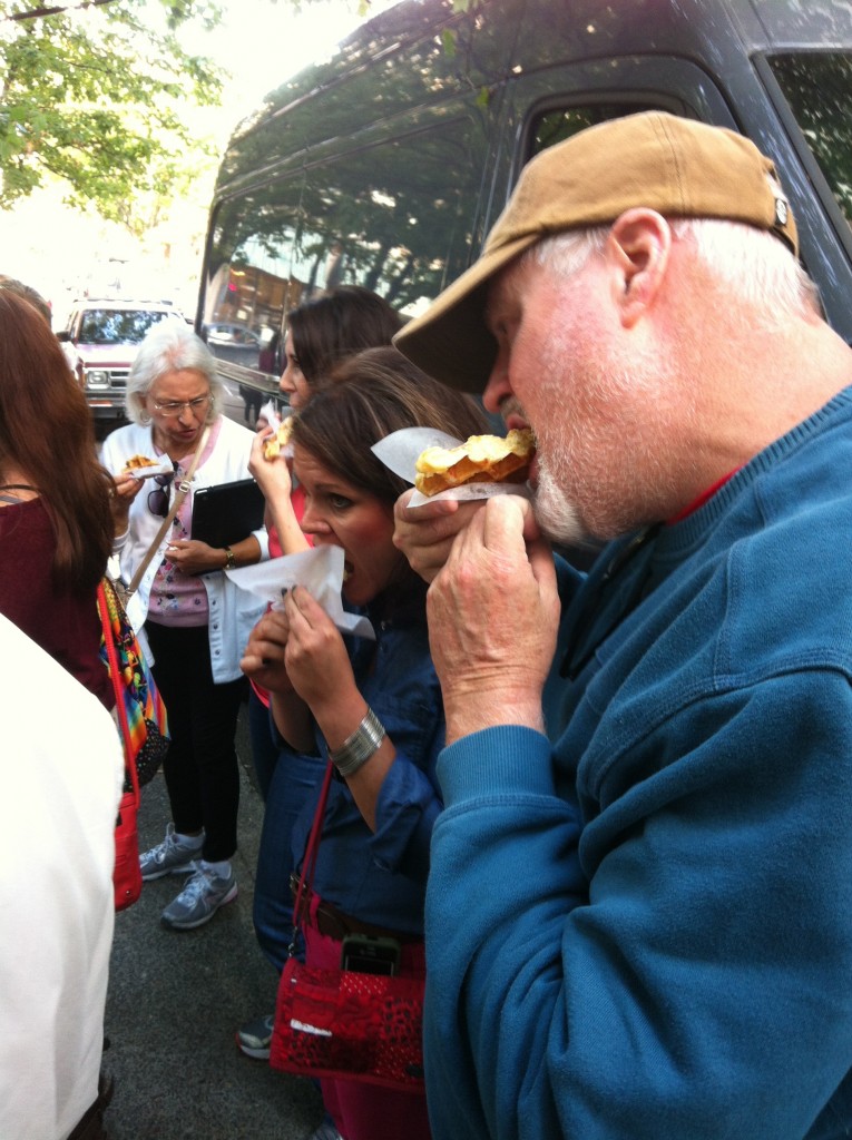 Our group sampling the waffles.