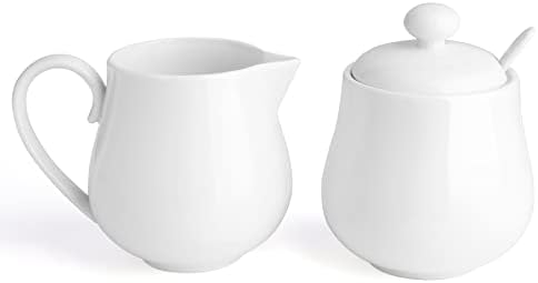 Sweese 12 Ounce Porcelain Sugar and Creamer Set, Coffee Serving Set, 3 Piece with Cream Pitcher, Sugar Bowl with Lid and Spoon, White - 480.101