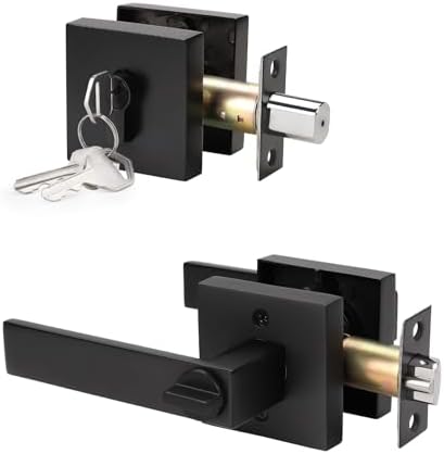 KNOBWELL Heavy Duty Exterior Door Knob with Double Cylinder Deadbolt, Solid Steel Square Entry Door Handle Lever with Deadbolt Set for Front Door or Office, Matte Black Finish,1 Pack