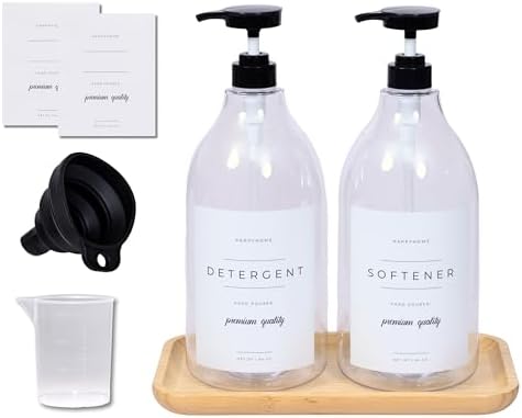 Laundry Detergent Dispenser - Fabric Softener Liquid Dispenser for Laundry Room - 64oz Plastic Soap Dispenser, Waterproof Labels, Collapsible Funnel, Extra Labels, Measuring Cup&Bamboo Tray - Set of 2