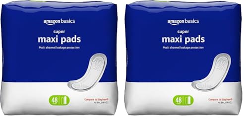 Amazon Basics Thick Maxi Pads for Periods, Super Absorbency, Unscented, 48 Count, 2 Pack (Previously Solimo)