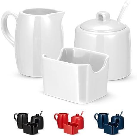 KooK Sugar and Creamer Set, 3 Piece, Pitcher, Sugar Bowl with Lid and Spoon, Sweetener Holder (White)