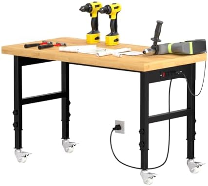 Pelnuies 48" Work Bench, Adjustable Height Work Table with Power Outlets and Wheels, 2000 Lbs Capacity Heavy-Duty Hardwood Top Workstation for Garage, Workshop, Office, Home