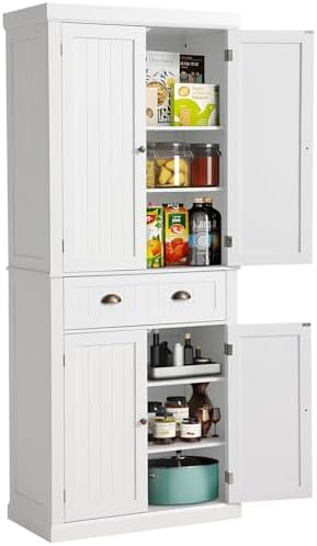 LOUVIXA 72" Kitchen Pantry Storage Cabinet, Freestanding Cupboard with 2 Cabinets, Drawer and Adjustable Shelves, Tall Storage Cabinet for Kitchen, Dinning Room, Living Room, White