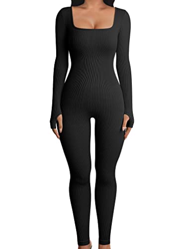 OQQ Women Long Sleeve Yoga Jumpsuits Workout Ribbed Bodysuits Pants Sexy One Piece Black