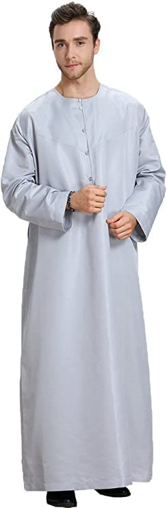 YATHREB Men's Round Neck Long Sleeve Solid Saudi Arab Thobe Islamic Muslim Dubai Robe (Special Discount)