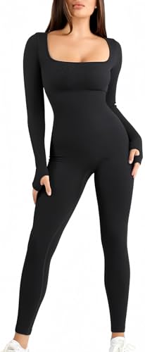 Popilush Jumpsuits for Women Long Sleeve Built-In Bra Square Neck Full Length Leggings Bodycon Stretch Workout Outfits