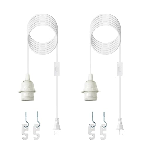 Zarnicy Plug in Light Socket - 16Ft Pendant Light Cord Kit E26/E27 Light Socket Hanging Lantern Lamp Cord with On/Off Switch,Socket Rings, 2 Pack, White