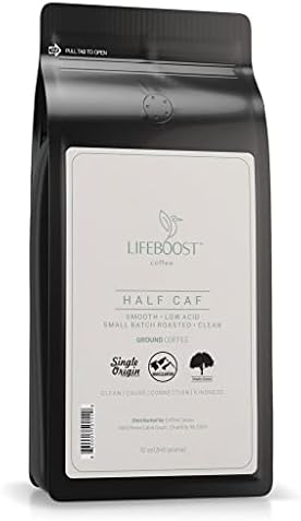 Lifeboost Coffee Half Caff Ground Coffee - Low Acid Single Origin USDA Organic Coffee - Non-GMO Ground Coffee Third Party Tested For Mycotoxins & Pesticides - 12 Ounces