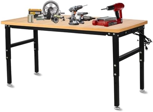 SGOLAN 60'' Adjustable Work Bench with Power Outlet, Work Table for Garage,2000 Lbs Capacity Hardwood Workbench,Heavy Duty Table for Workshop Office Home Commercial