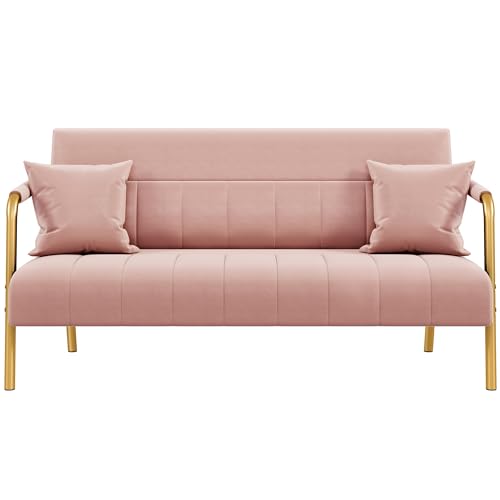 Yaheetech 56.5" W Modern Loveseat 2 Seater Sofa Luxurious Velvet Fabric Couch with Gold-Tone Metal Arms and Legs for Living Room, Home Office, Studio Pink