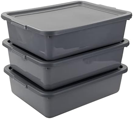 Begale 3-Pack Gray Commercial Utility Bus Box, Plastic Bus Tub with Lids, 13 L