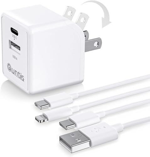 iPhone iPad Charger Mfi Certified, Quntis 2-Pack 6ft USB A to C and C to Lightning Cable with Dual Port Wall Charger, Foldable USB C Fast Charger Block with Cable for iPhone 16 15 14 13, iPad, White