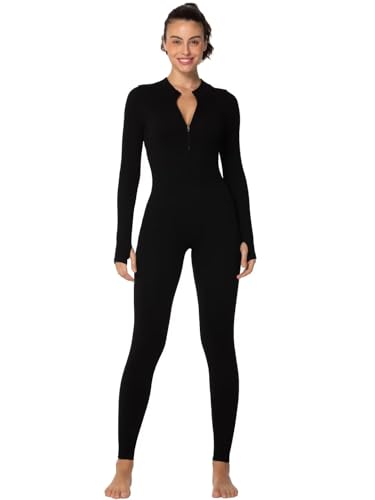 Sunzel Long Sleeve Jumpsuits for Women, Ribbed One Piece Casual Yoga Workout Zip Front Bodysuits, Legging Fit & Thumbhole 28' Inseam Black Medium