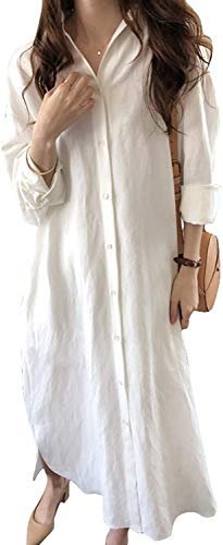 chouyatou Women's Summer Bathing Suit Cover Up Loose Lightweight Linen Button Down Maxi Shirt Dress (White, X-Small)