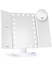 Makeup Mirror Vanity Mirror with Lights, 2X 3X 10X Magnification, Lighted Makeup Mirror, Touch Control, Trifold Makeup Mirror, Dual Power Supply, Portable LED Makeup Mirror, Women Gift (White)