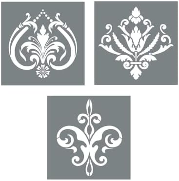 Damask Stencils (3 Designs), Large Fleur De Lis Templates for Painting Floor/Wall/Tile/Furniture/Fabric/Wood, Each 11.75” x 11.75”, Strong & Reusable, DIY Crafts, Made in America by Small Business