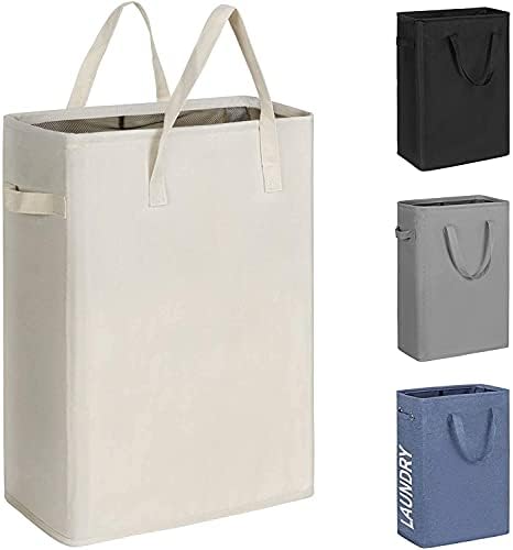 Chrislley 45L Slim Laundry Hamper Narrow Laundry Basket with Handle Foldable Dirty Clothes Portable Skinny Hamper Organizer Storage Bins (22 inches, beige)