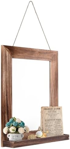 QDSSDECO 16"×20" Wall Mirror with Shelf Farmhouse Decor Rectangular Mirror Hanging for Bathroom, Vanity, Bedroom, Entryway, Living Room,Brown with Hemp Rope