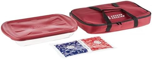 Anchor Hocking Glass Baking Dishes for Oven with Casserole Carrier, 4 Piece Set (3 Quart Glass Baking Dish, Red Lid, Red Thermal Carrier, and Hot/Cold Pack)