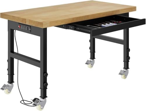 Pelnuies 48" Work Bench with Drawers, Adjustable Height Workbench with Wheels, Heavy-Duty Work Table with Power Outlets, 2000 LBS Capacity Workstation for Garage, Workshop, Office, Home