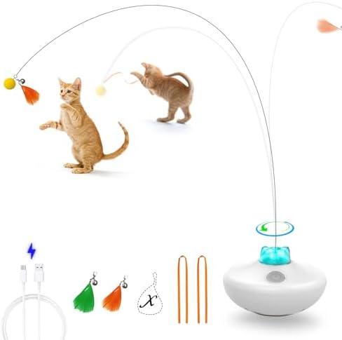 Oxawo Interactive Cat Toys Cat Exercise Tumbler, Rechargeable Cat Toys for Indoor Cats Spin Butterfly Game Teasing Kitty, Extra Long Feather Wand (P33 cat Toys)