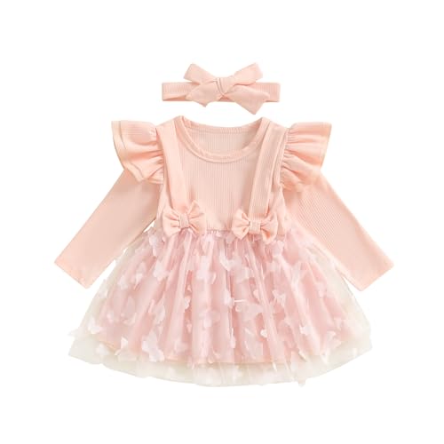 Newborn Baby Girl Fairy Dress 3D Butterfly Layers Tulle Tutu Dress Mesh Long Sleeve Birthday Princess Dress (A-Pink, 0-3 Months) 