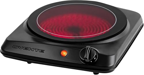 OVENTE Countertop Infrared Single Burner, 1000W Electric Hot Plate with 7” Ceramic Glass Cooktop, 5 Level Temperature Setting & Easy to Clean Base, Compact Stove for Home Dorm Office, Black BGI101B