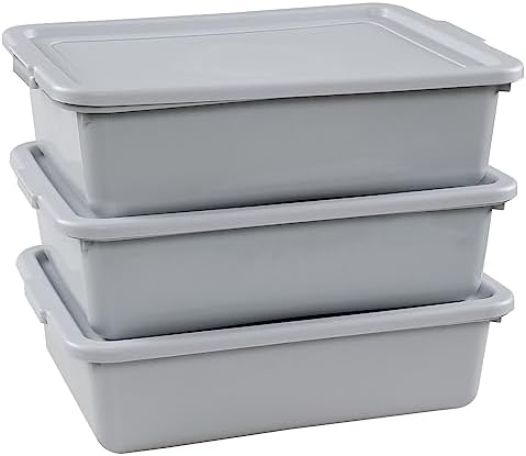 Jandson 3-Pack 13 L Commercial Bus Tub Box, Plastic Restaurant Bus Tubs with Lids, Grey