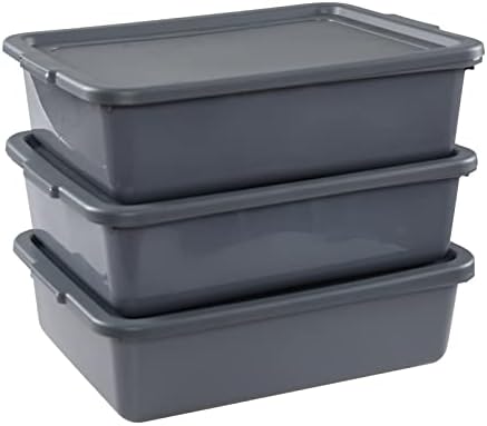 Lesbin 3-Pack 13 L Plastic Commercial Tote Box with Lid, Bus Tubs/Bus Box, Gray