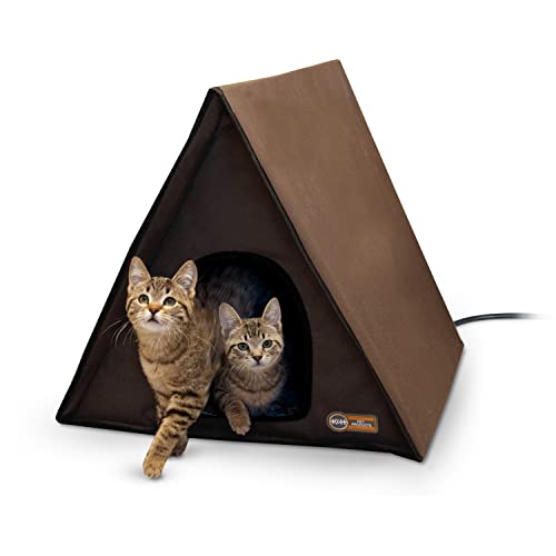 K&H Pet Products Heated Multi-Kitty A-Frame Outdoor Cat House, Feral Cat Shelter with Escape Door, Chocolate 35 X 20.5 X 20 Inches Heated