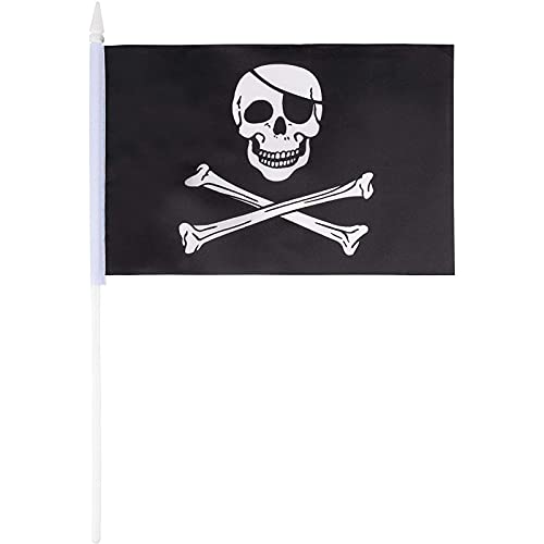 Juvale Pirate Stick Flags - 72-Piece Hand-Held Black Jolly Roger Skull and Crossbones Flags on Stick with Spearhead Tip, 5.5 x 7.8 Inches