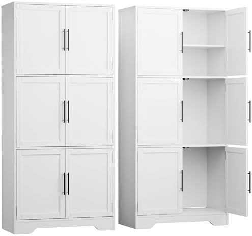 Cozy Castle 68.5" Kitchen Pantry Storage Cabinet with 6 Doors and 3 Shelves Tall Food Pantry Cabinet 4-Tier White Cabinet for Kitchen Living Room Dining Room Bathroom