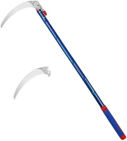 DWFKHT Detachable Grass Sickle, Folding Harvest Scythe Tool with Carbon Steel Blade and Anti-Slip Rubber Handle, Includes 1 Spare Blade, Lightweight Sickle Garden Tool Long Handle for Garden and Yard