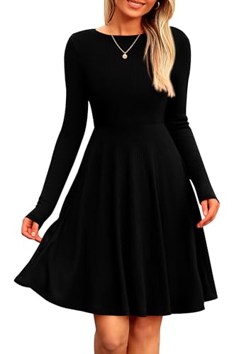 PRETTYGARDEN Women's Fall Short Dress Ribbed Knit Crewneck Long Sleeve A Line Flowy Casual Elegant Cute Going Out Dresses (Black,Medium)