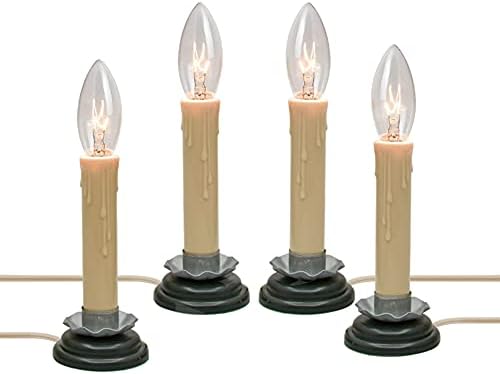 5 Inch Electric Window Candles, Christmas Electric Country Candle Lamps with 7W C26 Clear Light Bulb, Black Wood Plum Iron Bases, Plug in Electric Window Candles Turn On/Off Switch, Ivory- Set of 4