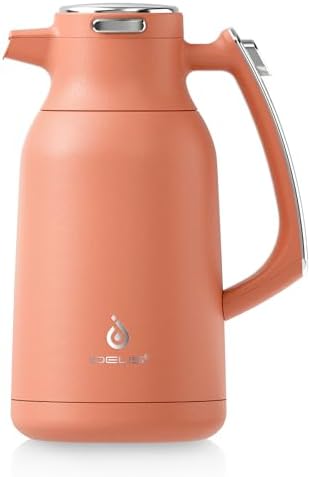 IDEUS 68 oz Stainless Steel Thermal Coffee Carafe, Double Wall Insulated Vacuum Flask, Water Coffee and Beverage Dispenser, 12 Hour Heat 24 Hour Cold Retention, Coral Red